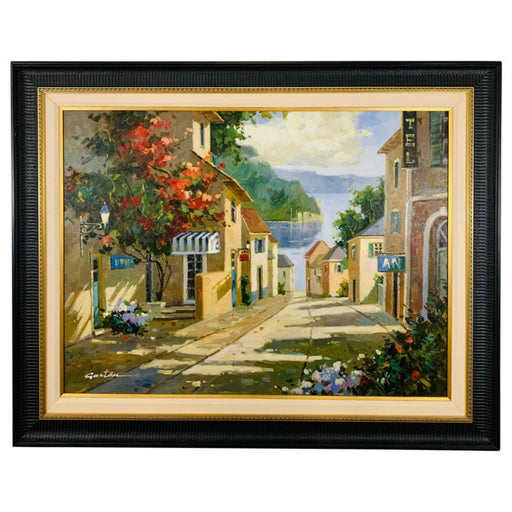Landscape Village by the Lake Painting Framed and Signed Gaston