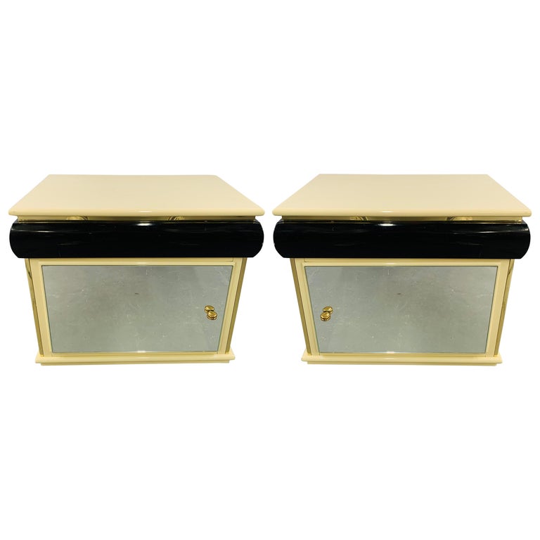 Art Deco Lacquered Off-White and Black Nightstand with Mirrored Door, a Pair