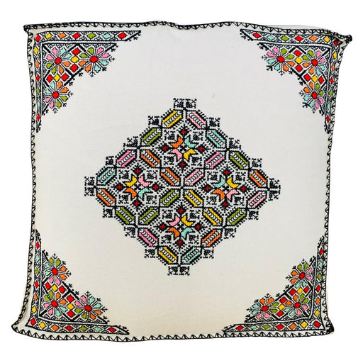 Moroccan Hand Embroidered Large White Ottoman, Cushion or Pouf