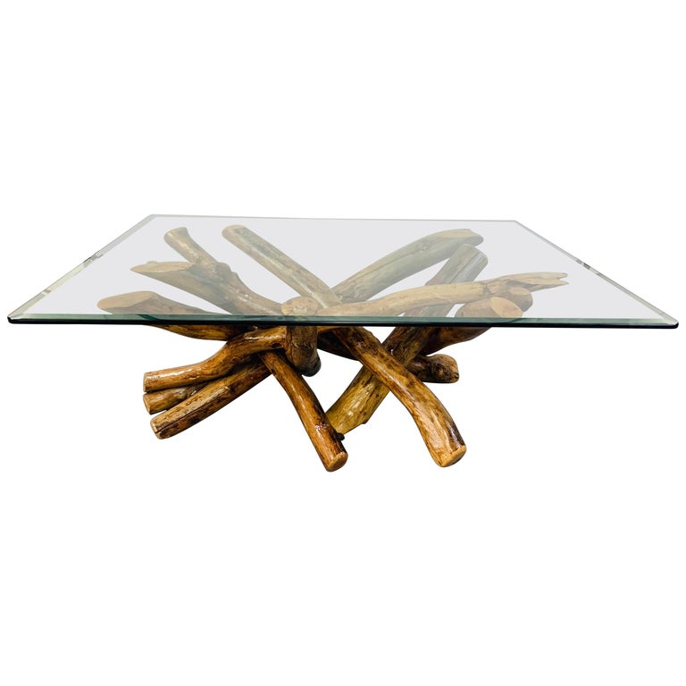 Rustic Organic Design Maple Log Wood Coffee or Cocktail Table With Glass Top