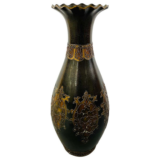 Monumental Art Nouveau Black & Gold Enameled Vase with Floral Etching Design