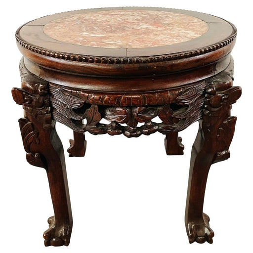 19th Century Chinese Hand Carved Hardwood Round Pink Marble Top End Table