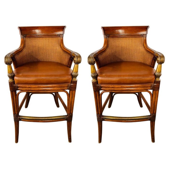Ethan Allen Faux Bamboo Rattan and Leather Seat Bar Stools, a Pair