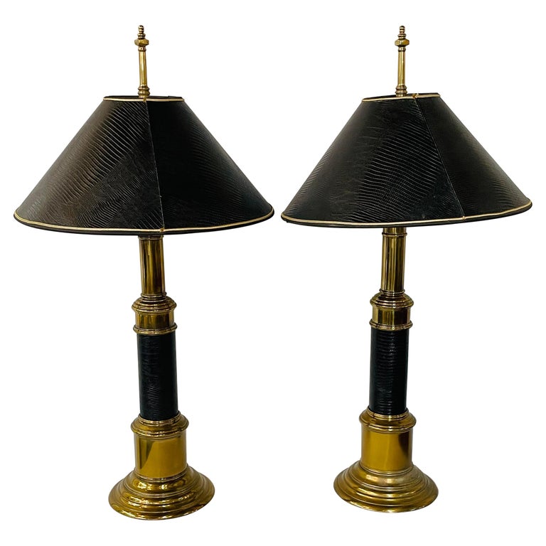 Midcentury Brass & Black Leather Table Lamp Attributed to Stiffel, a Pair