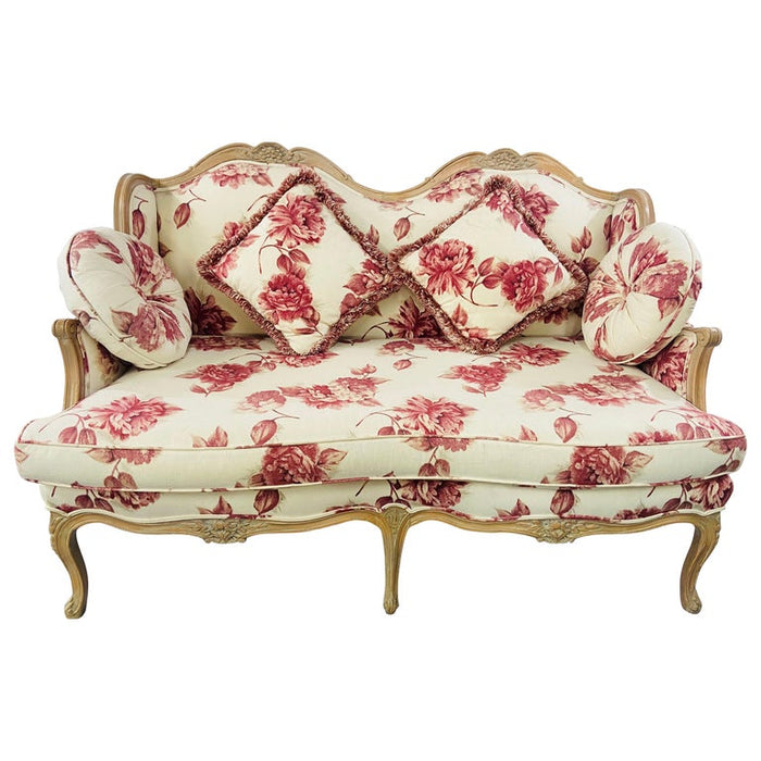 French Louis XV Style Settee or Canape With Floral Upholstery in Red 