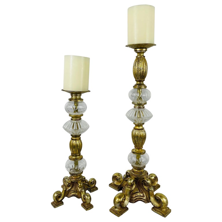 Italian Rococo Style Gilt Metal and Cut Glass Candle Holder, a Pair