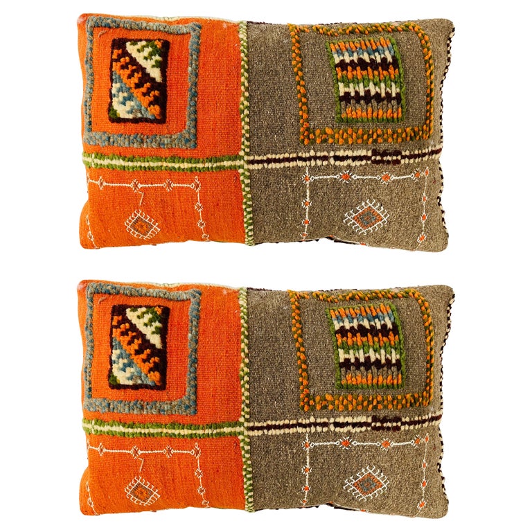 Tribal Wool Vintage Kilim Cushions in Orange and Gray, a Pair