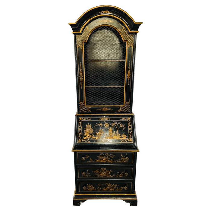 Chinoiserie Style Carved Black Lacquer Secretary Desk, Bookcase, Cabinet