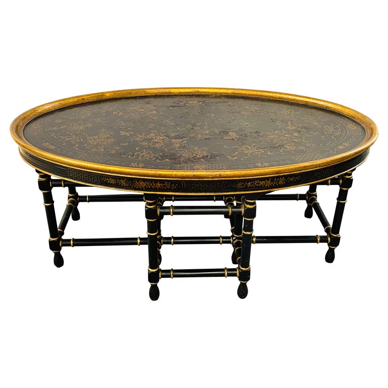 Antique English Chinoiserie Style Oval Coffee Table With Faux Bamboo Legs