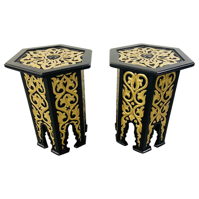 Hollywood Regency Moroccan Stye Side or End Table with Gold Leaf Design, a Pair