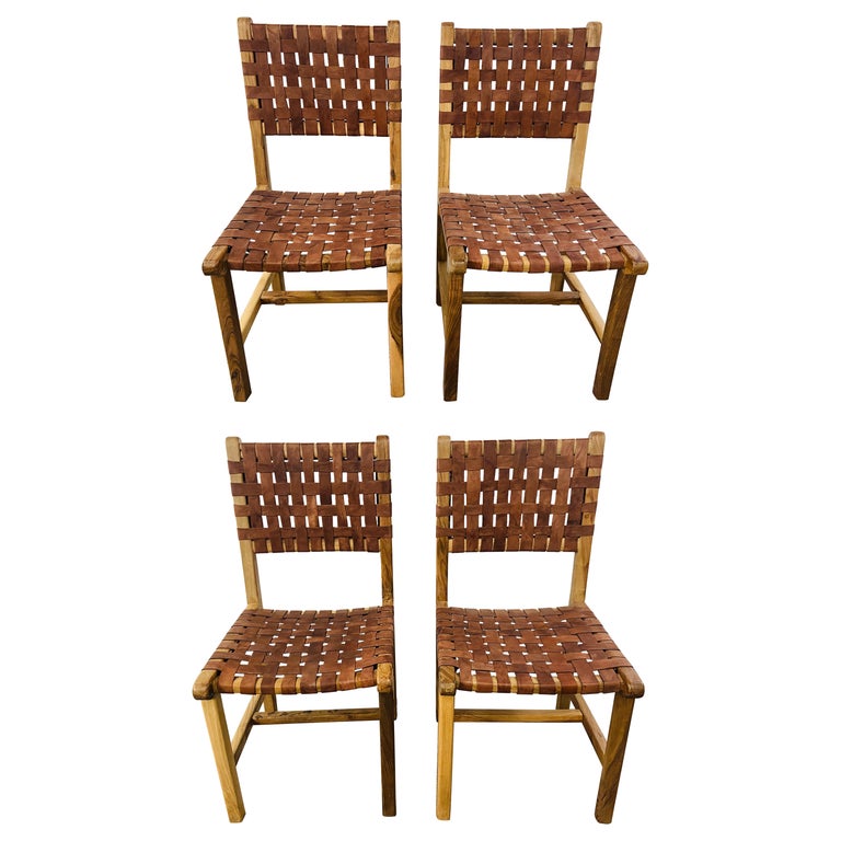 Jens Risom MCM Style Woven Leather Strap & Walnut Frame Chair, a Set of 4