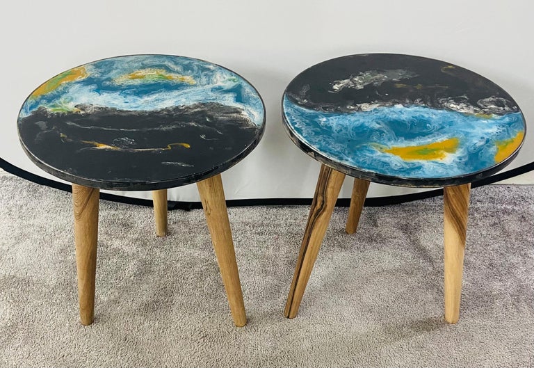 Abstract Art Design Epoxy Resin Top & Walnut Legs, End or Side Table,  a Pair