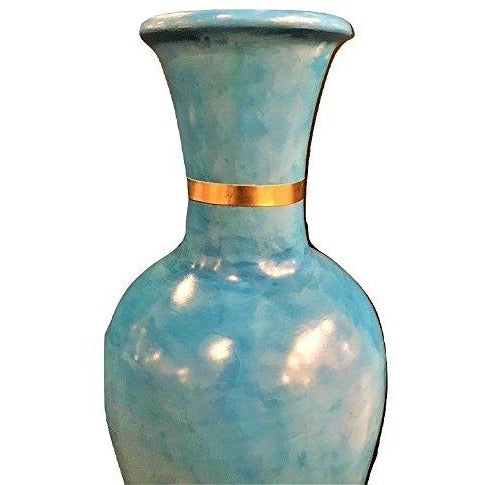 Moroccan Hand-painted Tall Turquoise Vase with Upper Gold Trim