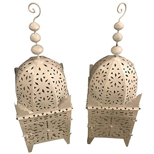 A Pair of Moroccan Garden Floor Candle Holders Lanterns in White