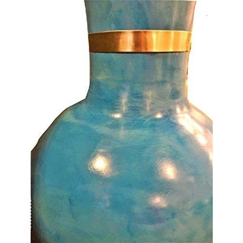 Moroccan Hand-painted Tall Turquoise Vase with Upper Gold Trim