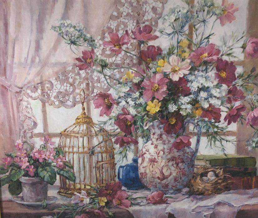 Barbara Mock Still Life Flowers and Bird Cage Print