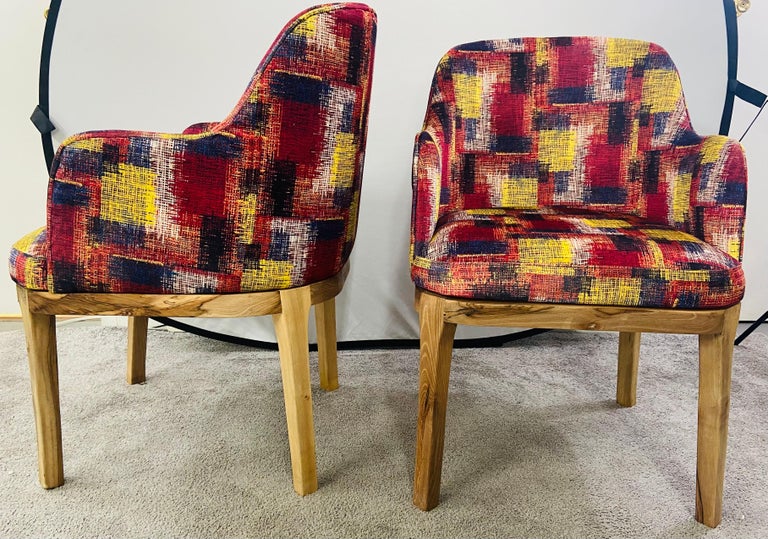 Mid-Century Modern Style Chair Multicolor Upholstery and Walnut Frame, a Pair