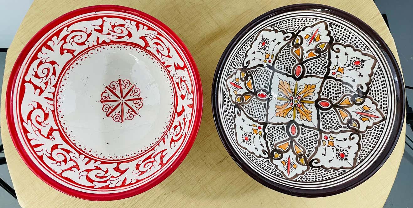 Vintage Moroccan Tribal Pottery Hand Painted Large Bowls, Set of 2