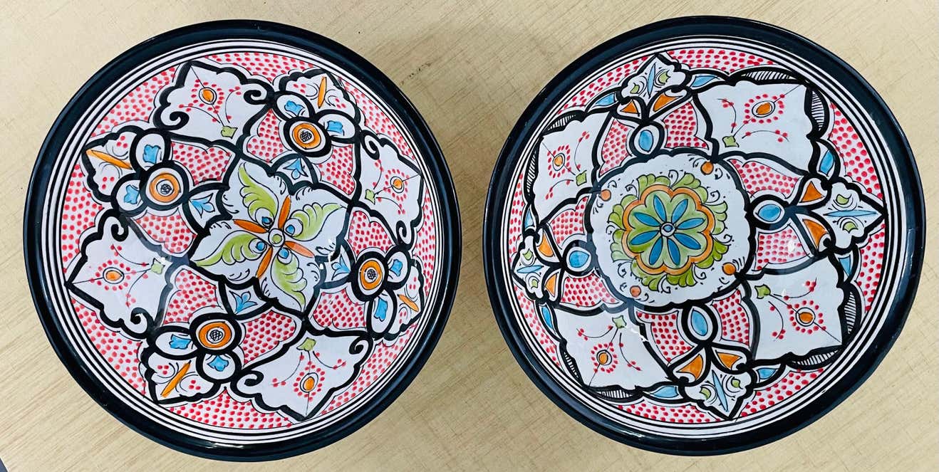 Vintage Tribal Moroccan Pottery Serving or Decorative Bowls, Set of 2