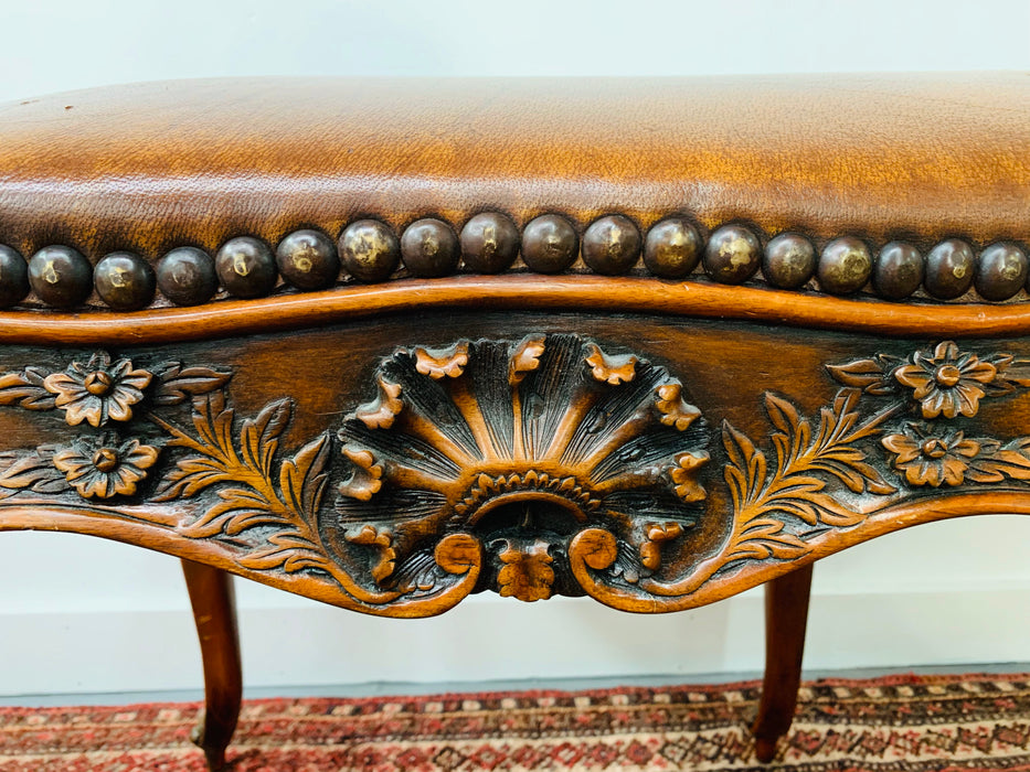 Theodore Alexander Rococo Style Leather and Carved Wood Bench