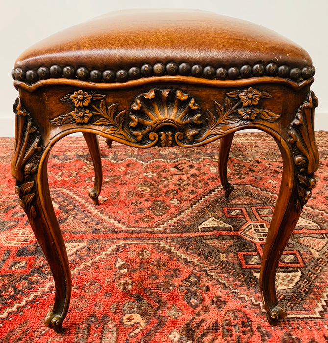 Theodore Alexander Rococo Style Leather and Carved Wood Bench
