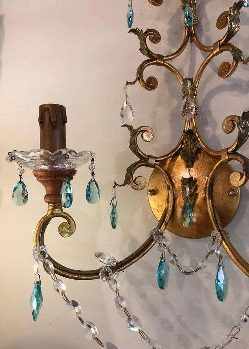 Neoclassical Italian Crystal Sconce, Handcrafted in Gilt Metal, a Pair