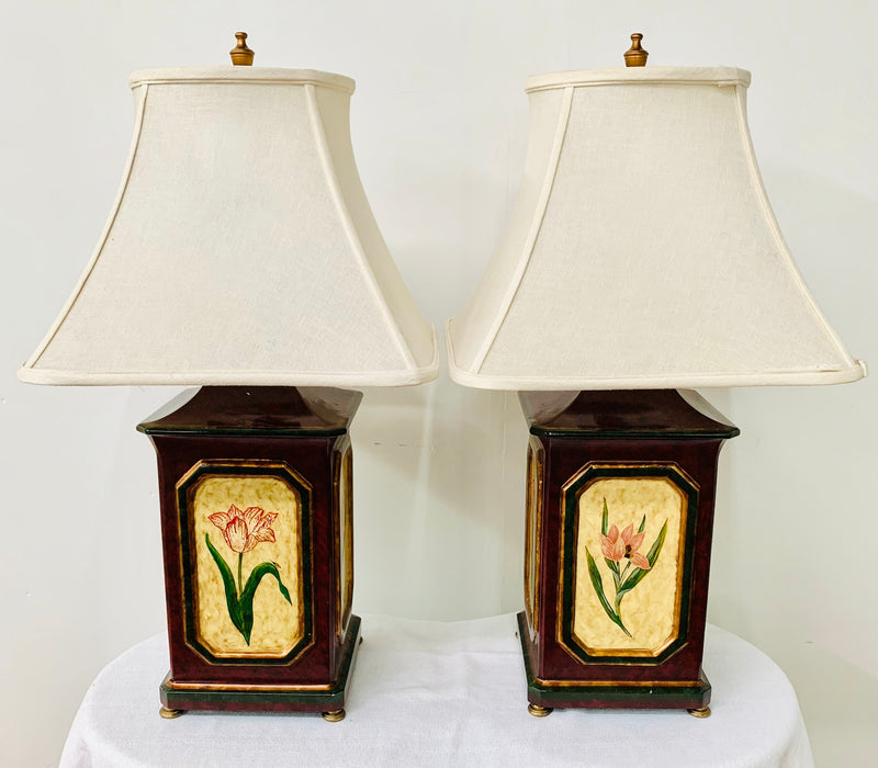 Oriental Hand-painted Wooden Table Lamp with Floral Decoration, a Pair