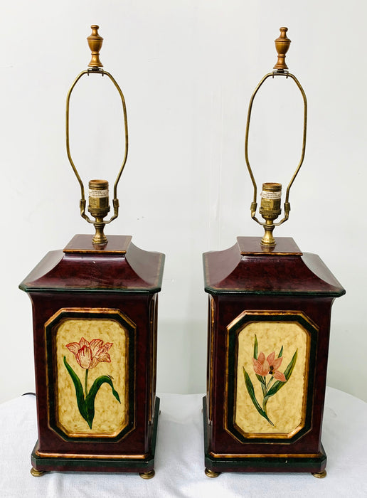 American Wooden Table Lamp with Floral Decoration, a Pair