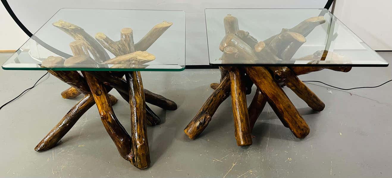 Rustic Organic Design Maple Log Wood Side or End Table with Glass Top, a Pair