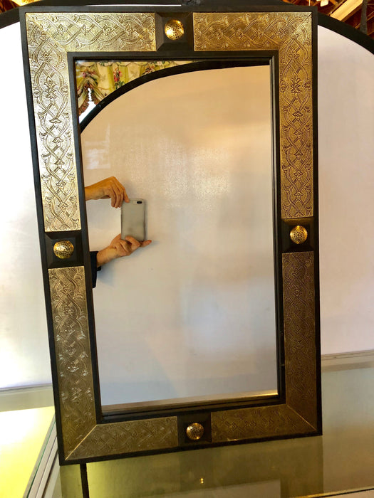 Hollywood Regency Style Moroccan Mirror in Brass and Wood Frame, a Pair