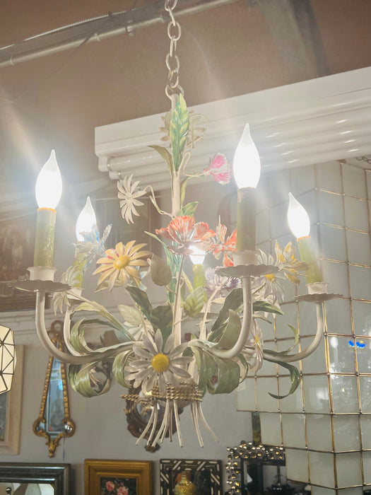 Boho Chic Italian Tole Metal Flowers Chandelier with Five Arms