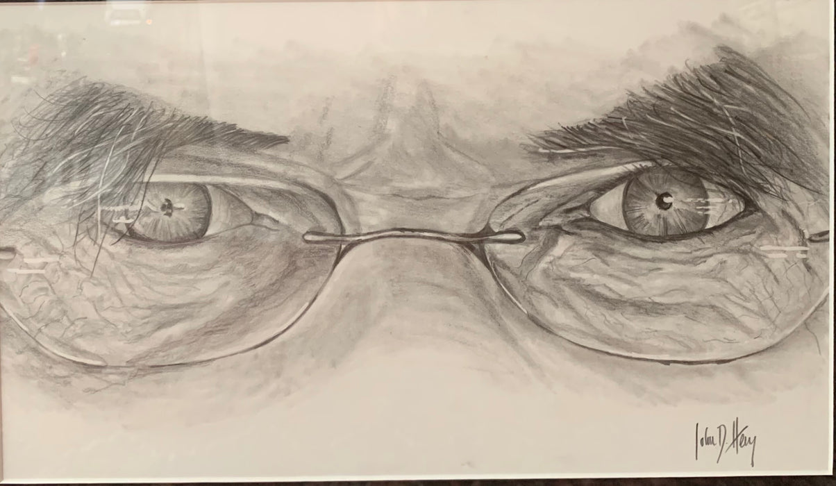 Original Sketch of an Intense Gaze Behind Glasses, Charcoal on Paper Framed