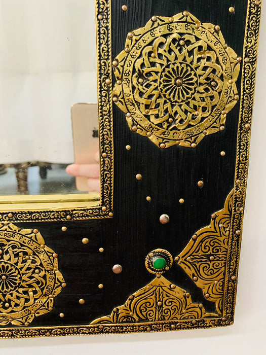 Hollywood Regency Moroccan Mirror with Filigree Brass Inlay on Ebony, a Pair