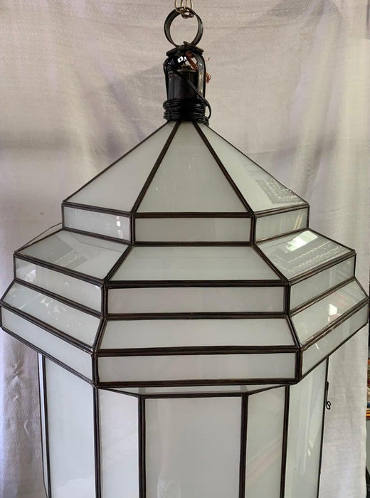 Large Art Deco White Milk Glass Chandelier, Pendant or Lantern