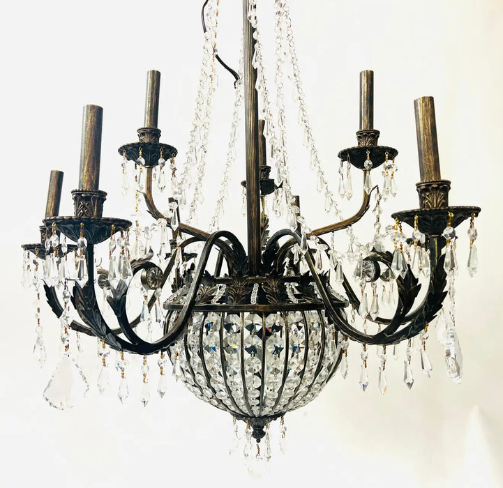 French Regency Empire Style Basket Bronze & Crystal Chandelier, 9 Arms 12 Lights