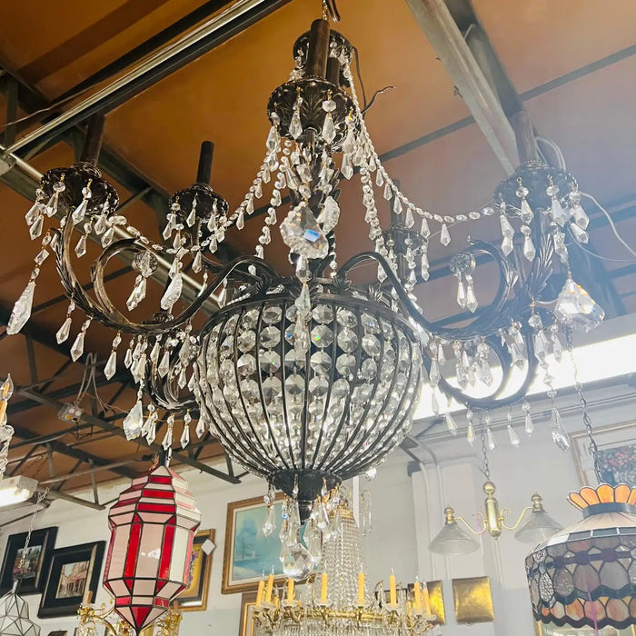 French Regency Empire Style Basket Bronze & Crystal Chandelier, 9 Arms 12 Lights