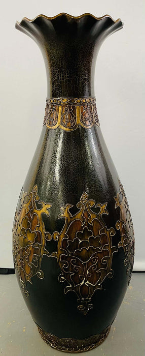 Monumental Vintage Black Enameled Vase with Floral Etching Design