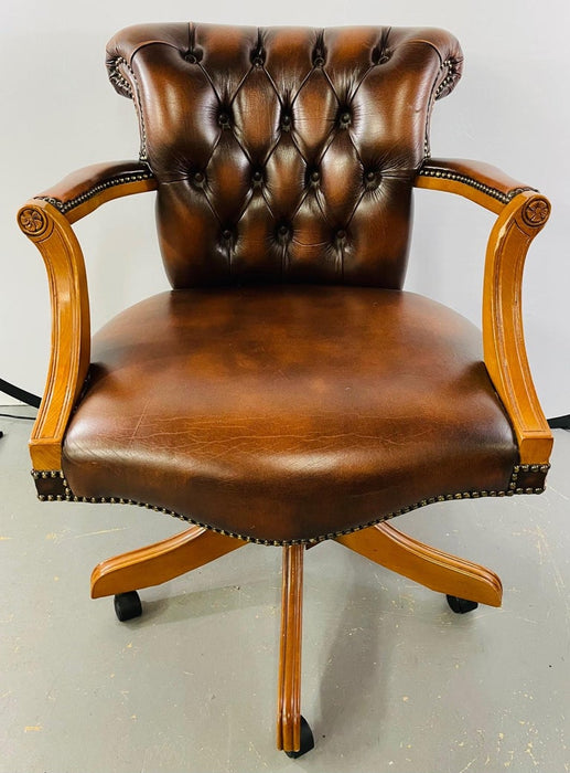 Chesterfield Style Brown Leather Upholstered Captain or Office Chair