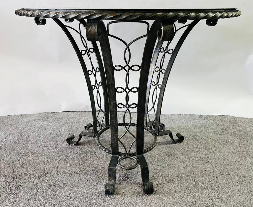Gilbert Poillerat Style Art Deco Wrought Iron & Mirrored Top Round Center Table