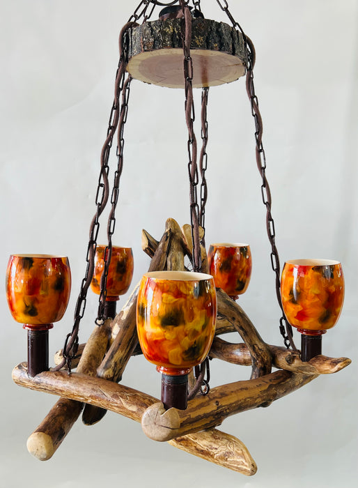 Adirondack Style Wood Chandelier with Orange Glass Globe Hurricane Shades