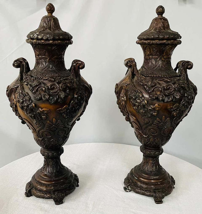 Antique French Patinated Bronze Floral Design Urn or planter, a Pair
