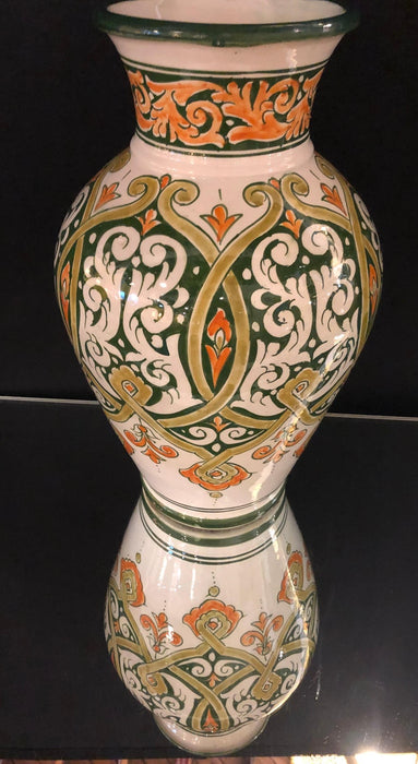 Moroccan Ceramic Vintage Vase or Urn in Green White and Orange Signed