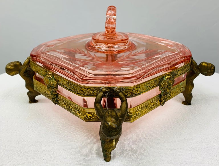 French Antique Bronze and Cut Glass Pink Decorative Jewelry Box