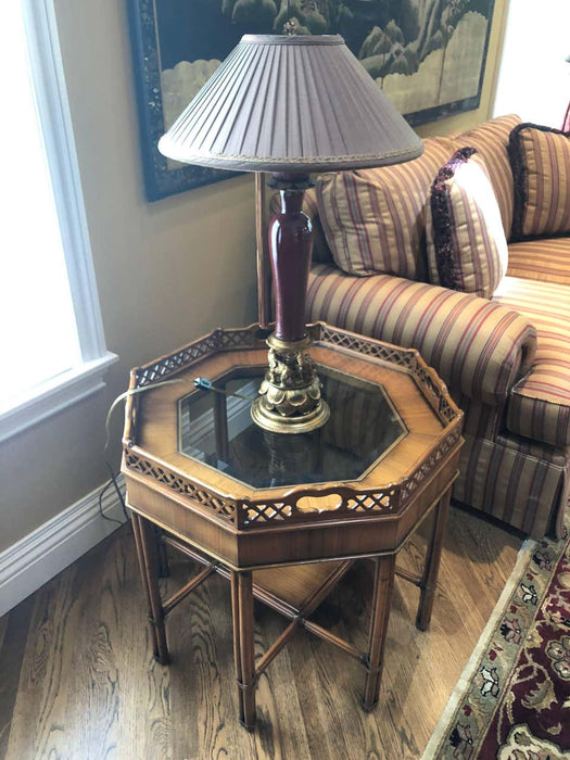 Maitland Smith Bamboo Form Octagon Shaped End / Lamp Table with Bevelled Glass