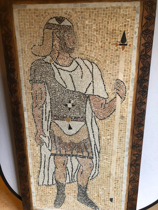 Italian Mosaic Tile Wall Plaque or Table Top of a Centurion in Wood Carved Frame