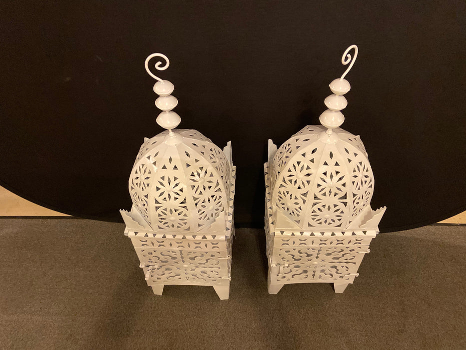 A Pair of Moroccan Garden Floor Candle Holders Lanterns in White