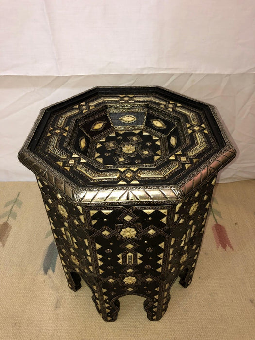 A Pair of Modern Moroccan Ebonized Wood with White Brass and Bone Inlaid Table