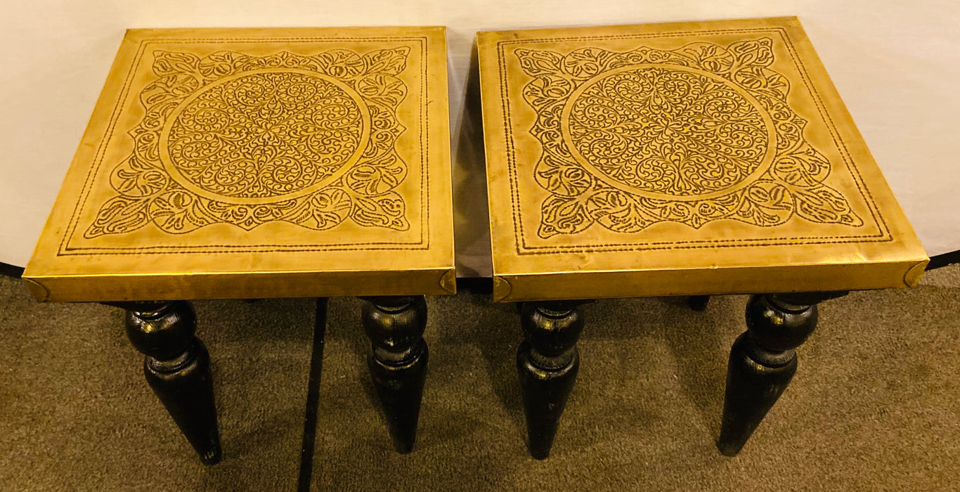 Hollywood Regency Style Square Gold Brass Side or End Table, a Pair