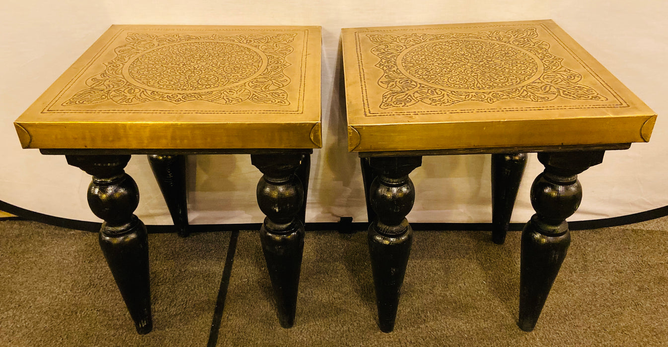 Hollywood Regency Style Square Gold Brass Side or End Table, a Pair