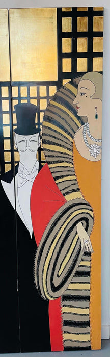 Art Deco Erte "Top Hat" Three Panel Room Divider or Screen Gilded on Ebony Wood